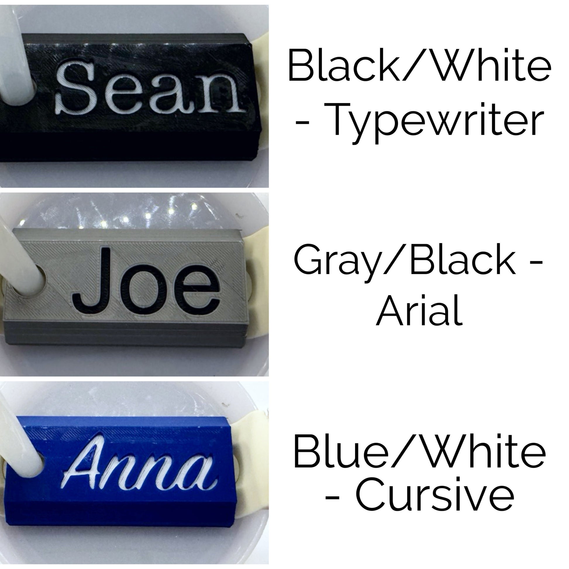 Three name plates on the left side showing color and lettering styles