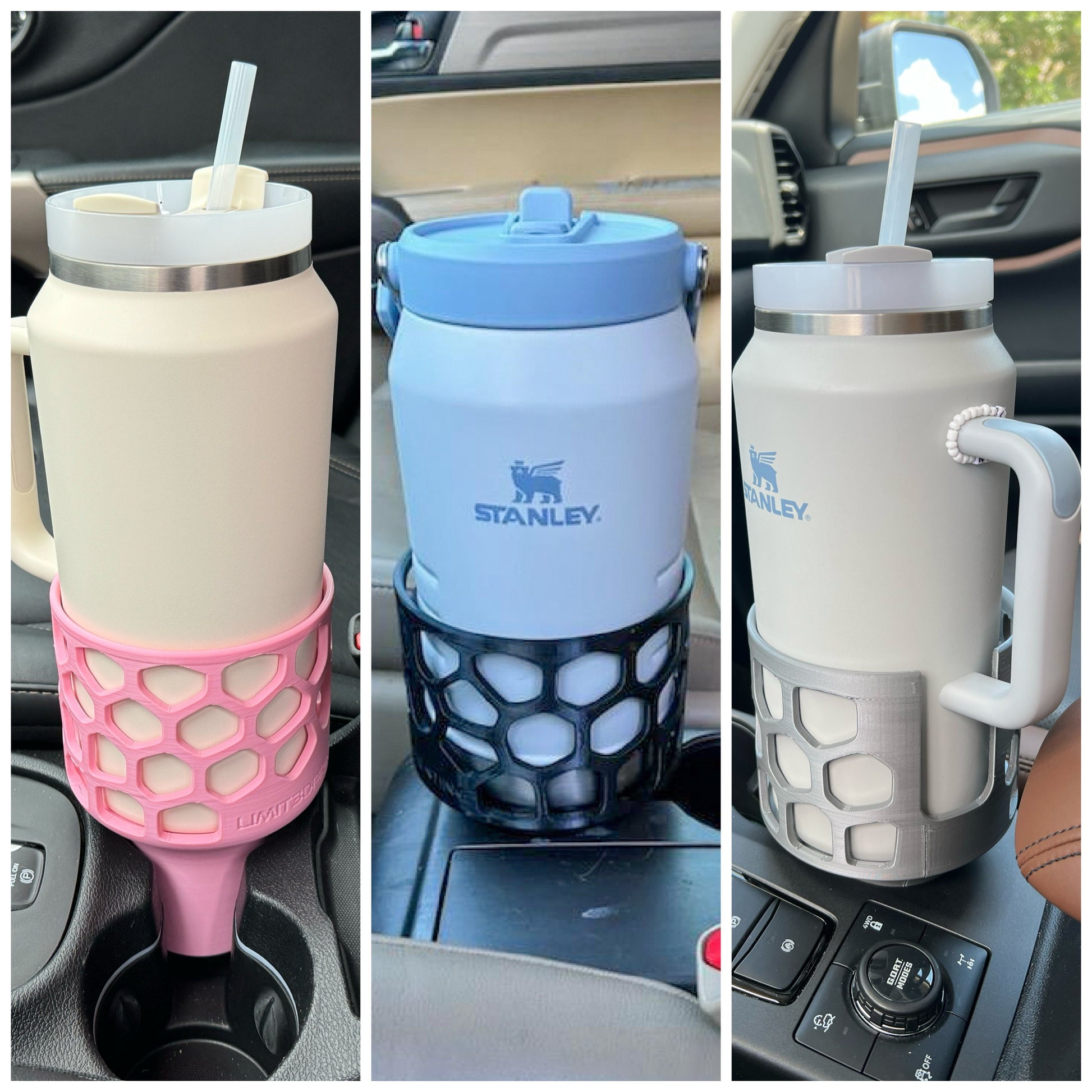 A collage of three Stanley 64oz jug holders, two are tumblers, one is a jug