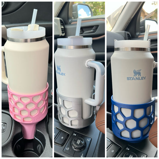 A collage of car cup holder adapters holding 64 oz yeti tumbler mugs. The left picture shows the pink car cup holder adapter, the middle picture shows the grey car cup holder adapter, and the right shows the blue car cup holder adapter