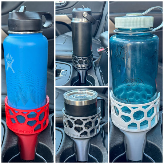 A collage of 4 car cup holder adapters showing a red car cup holder adapter holding a 32 oz hydroflask, a black adapter holding a 26 oz yeti bottle, a grey adapter holding a 10 oz yeti coffee mug and a white adapter holding a 32 oz nalgene