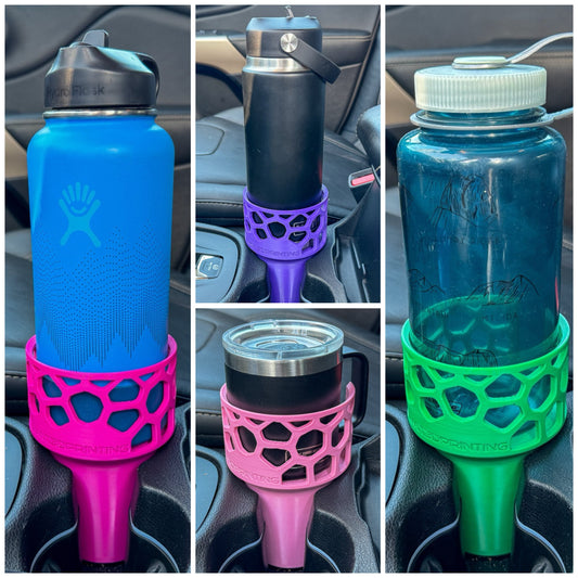 A collage of 4 car cup holder adapters showing a magenta car cup holder adapter holding a 32 oz hydroflask, a purple adapter holding a 26 oz yeti bottle, a pink adapter holding a 10 oz yeti coffee mug and a green adapter holding a 32 oz nalgene