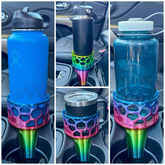 A collage of 4 car cup holder adapters showing a rainbow car cup holder adapter holding a 32 oz hydroflask, a rainbow adapter holding a 26 oz yeti bottle, a rainbow adapter holding a 10 oz yeti coffee mug and a rainbow adapter holding a 32 oz nalgene